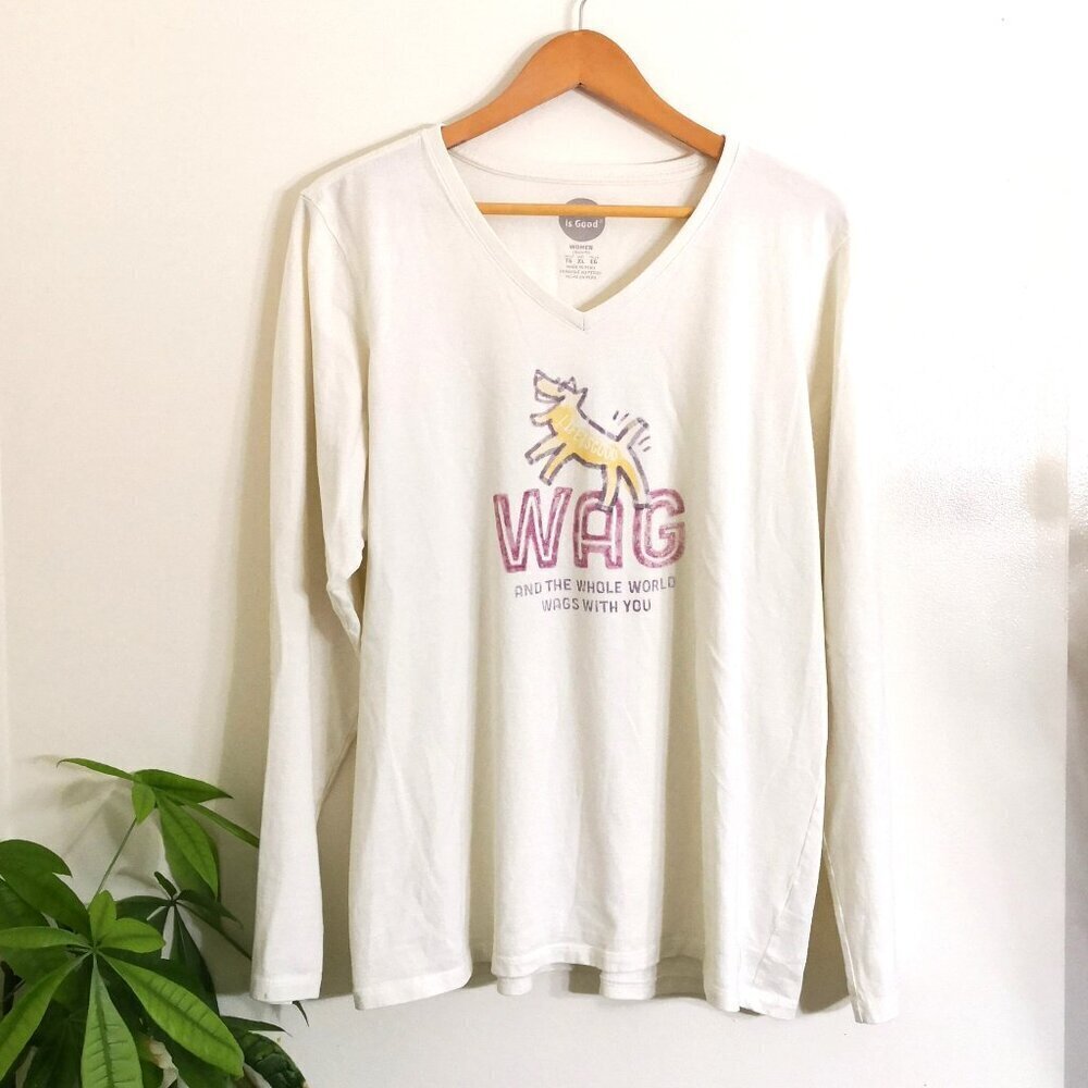NWOT Life is Good 100% Cotton Women's Long Sleeve V Neck Crusher Tee- Wag White